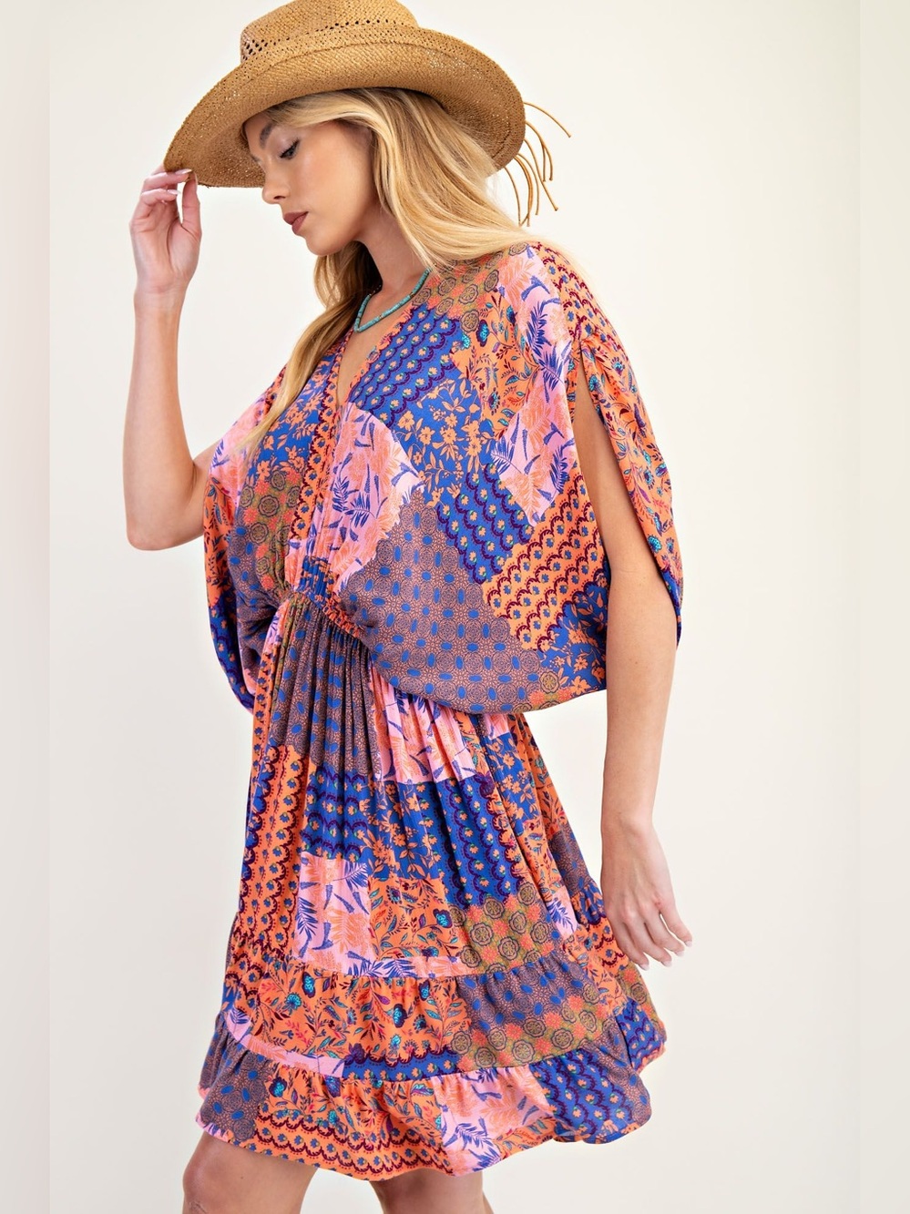 Easel PATCHWORK PRINTED RAYON GAUZE DRESS - Picture 2 of 4